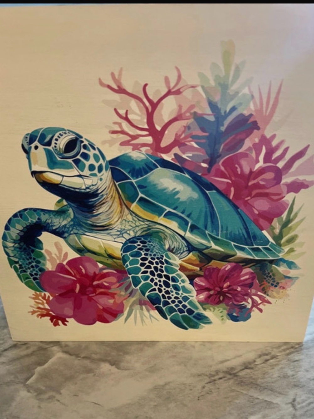 Teal Sea Turtle Wall Art with Pink Floral Accents